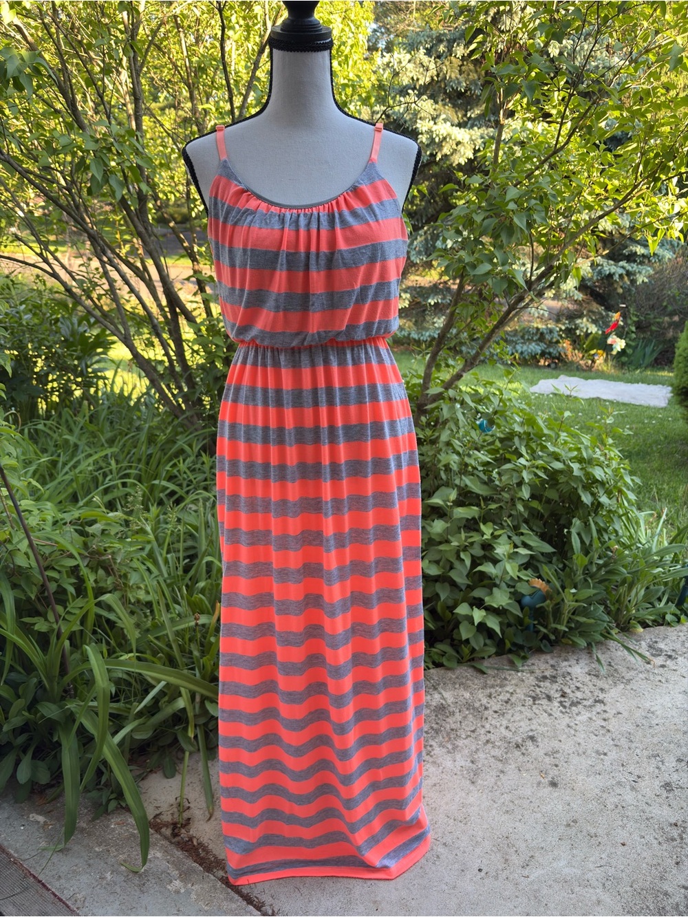 bailey blue Coral and Gray Striped Maxi Dress